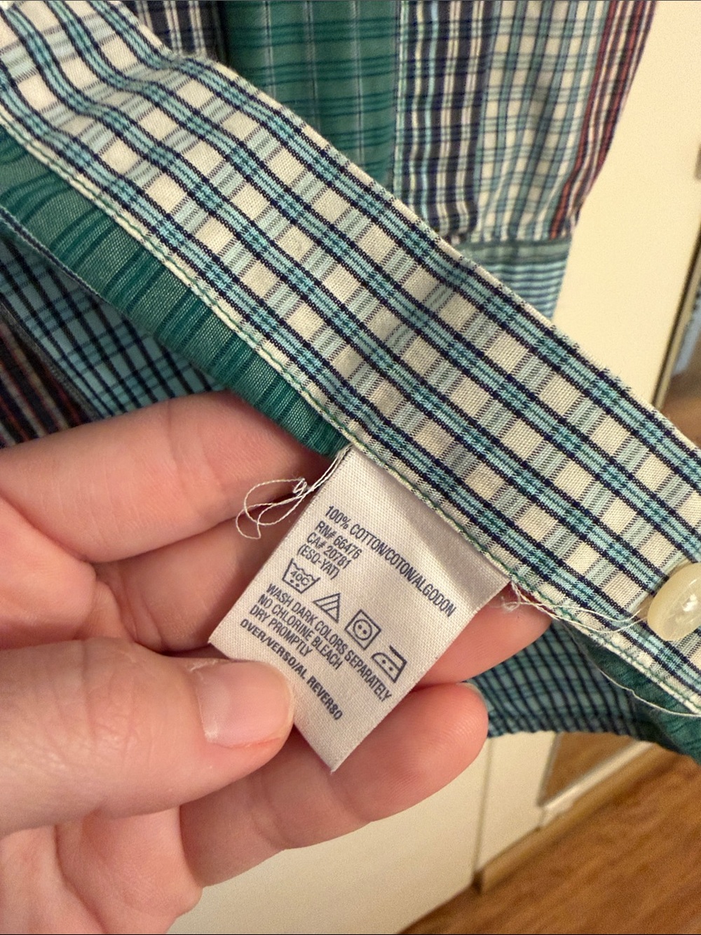 Tommy Hilfiger Men's Green and Blue Mixed-Plaid Button-Down Shirt - Picture 5 of 5